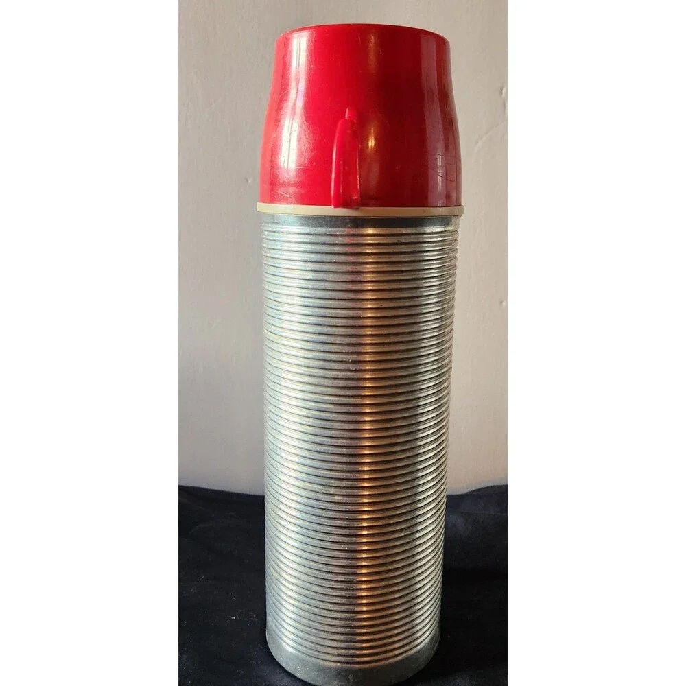 Vintage Thermos Ribbed Aluminum Red Top Vacuum Bottle Model # 2484 - Quart Size